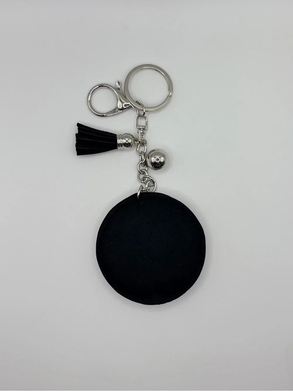 Crystal Monogram Round Keychain with Tassel - Black & Silver